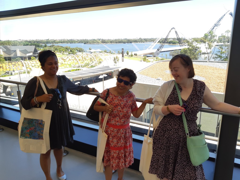 Tahlia, Tess and Bettina enjoying the view from Optus Stadium.
